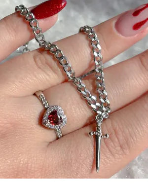 Heart Ring and Dagger Pendant Bracelet Set (One Set)
